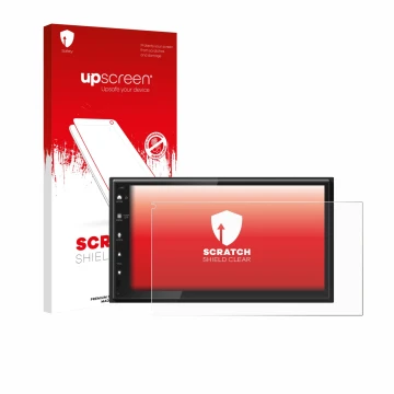 Vorderseite einer Produktverpackung mit dem Markenlogo upscreen. Daneben ist das Gerät Kenwood DMX6523DABS mit dem zugehörigen