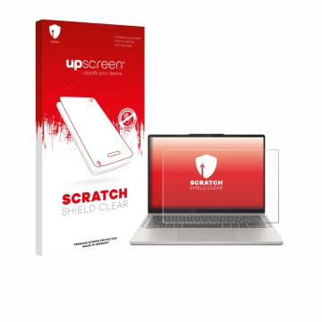 Vorderseite einer Produktverpackung mit dem Markenlogo upscreen. Daneben ist das Gerät Lenovo Chromebook Plus 14 mit dem zugeh