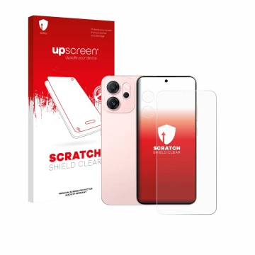 Vorderseite einer Produktverpackung mit dem Markenlogo upscreen. Daneben ist das Gerät Oppo Reno 14 F (Display+Kamera) mit dem