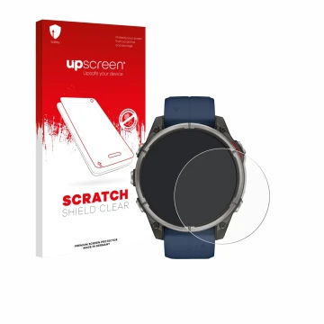 Vorderseite einer Produktverpackung mit dem Markenlogo upscreen. Daneben ist das Gerät Garmin quatix 8 (47 mm) mit dem zugehör