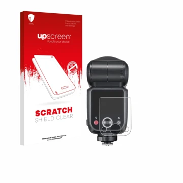 Vorderseite einer Produktverpackung mit dem Markenlogo upscreen. Daneben ist das Gerät Godox V100 mit dem zugehörigen Displays