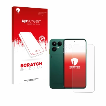 Vorderseite einer Produktverpackung mit dem Markenlogo upscreen. Daneben ist das Gerät Fairphone 6 (Display+Kamera) mit dem zu