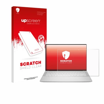 Vorderseite einer Produktverpackung mit dem Markenlogo upscreen. Daneben ist das Gerät Dell 14 Premium Laptop mit dem zugehöri