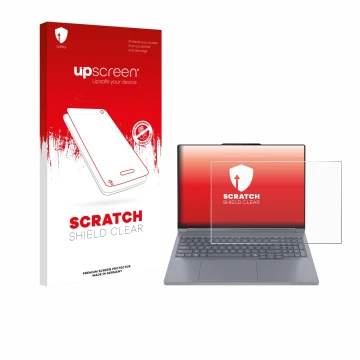 Vorderseite einer Produktverpackung mit dem Markenlogo upscreen. Daneben ist das Gerät Lenovo ThinkBook 16p Gen 6 mit dem zuge