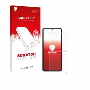 Vorderseite einer Produktverpackung mit dem Markenlogo upscreen. Daneben ist das Gerät Samsung Galaxy Z Flip 7 mit dem zugehör