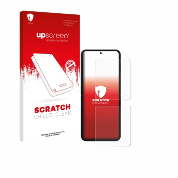 Vorderseite einer Produktverpackung mit dem Markenlogo upscreen. Daneben ist das Gerät Samsung Galaxy Z Flip 7 FE mit dem zuge
