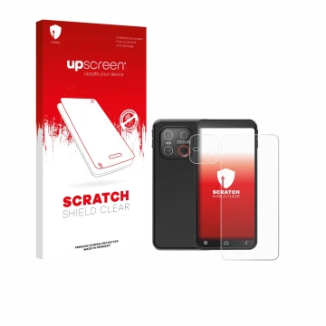 Vorderseite einer Produktverpackung mit dem Markenlogo upscreen. Daneben ist das Gerät Emporia Smart ME7 (Display+Kamera) mit 