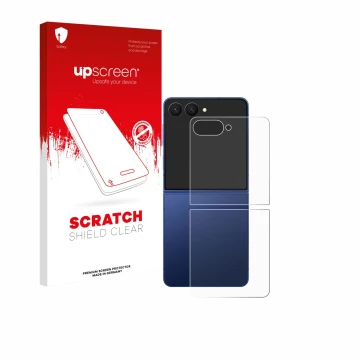 Vorderseite einer Produktverpackung mit dem Markenlogo upscreen. Daneben ist das Gerät Samsung Galaxy Z Flip 7 (Rückseite) mit