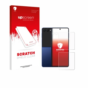 Vorderseite einer Produktverpackung mit dem Markenlogo upscreen. Daneben ist das Gerät Samsung Galaxy Z Flip 7 (Display+Kamera
