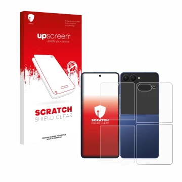 Vorderseite einer Produktverpackung mit dem Markenlogo upscreen. Daneben ist das Gerät Samsung Galaxy Z Flip 7 (Display+Rückse