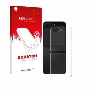 Vorderseite einer Produktverpackung mit dem Markenlogo upscreen. Daneben ist das Gerät Samsung Galaxy Z Flip 7 FE (Rückseite) 