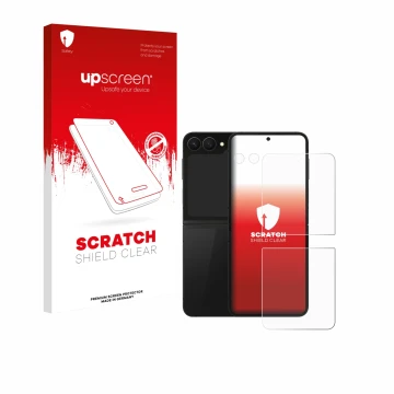 Vorderseite einer Produktverpackung mit dem Markenlogo upscreen. Daneben ist das Gerät Samsung Galaxy Z Flip 7 FE (Display+Kam