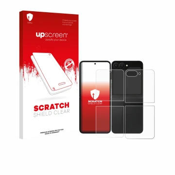Vorderseite einer Produktverpackung mit dem Markenlogo upscreen. Daneben ist das Gerät Samsung Galaxy Z Flip 7 FE (Display+Rüc