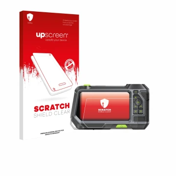 Vorderseite einer Produktverpackung mit dem Markenlogo upscreen. Daneben ist das Gerät Teslong NTS500 mit dem zugehörigen Disp