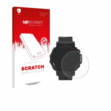 Vorderseite einer Produktverpackung mit dem Markenlogo upscreen. Daneben ist das Gerät Crivit Sport-Smartwatch mit dem zugehör