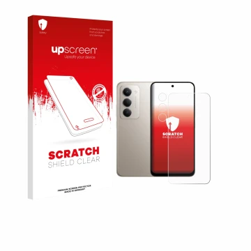 Vorderseite einer Produktverpackung mit dem Markenlogo upscreen. Daneben ist das Gerät Xiaomi Redmi 15 4G (Display+Kamera) mit