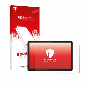 Vorderseite einer Produktverpackung mit dem Markenlogo upscreen. Daneben ist das Gerät Lenovo Tab K11e mit dem zugehörigen Dis