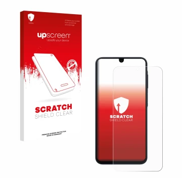 Vorderseite einer Produktverpackung mit dem Markenlogo upscreen. Daneben ist das Gerät Samsung Galaxy A17 4G mit dem zugehörig