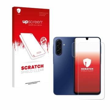 Vorderseite einer Produktverpackung mit dem Markenlogo upscreen. Daneben ist das Gerät Samsung Galaxy A17 4G (Display+Kamera) 