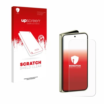 Vorderseite einer Produktverpackung mit dem Markenlogo upscreen. Daneben ist das Gerät Google Pixel 10 Pro Fold mit dem zugehö