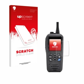 Vorderseite einer Produktverpackung mit dem Markenlogo upscreen. Daneben ist das Gerät Icom IC-M94D mit dem zugehörigen Displa