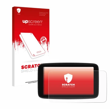 Vorderseite einer Produktverpackung mit dem Markenlogo upscreen. Daneben ist das Gerät TomTom GO Classic 5
