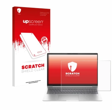 Vorderseite einer Produktverpackung mit dem Markenlogo upscreen. Daneben ist das Gerät HP EliteBook 6 G1i 14 mit dem zugehörig