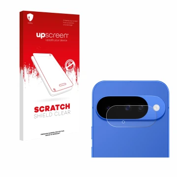 Vorderseite einer Produktverpackung mit dem Markenlogo upscreen. Daneben ist das Gerät Google Pixel 10 (NUR Kameraschutz) mit 