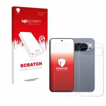 Vorderseite einer Produktverpackung mit dem Markenlogo upscreen. Daneben ist das Gerät Google Pixel 10 Pro (Display+Rückseite)