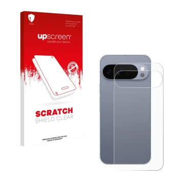 Vorderseite einer Produktverpackung mit dem Markenlogo upscreen. Daneben ist das Gerät Google Pixel 10 Pro XL (Rückseite) mit 