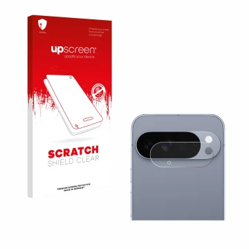 Vorderseite einer Produktverpackung mit dem Markenlogo upscreen. Daneben ist das Gerät Google Pixel 10 Pro XL (NUR Kameraschut