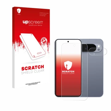 Vorderseite einer Produktverpackung mit dem Markenlogo upscreen. Daneben ist das Gerät Google Pixel 10 Pro XL (Display+Kamera)