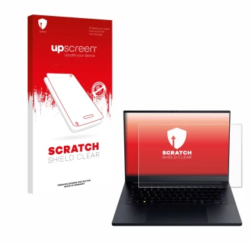 Vorderseite einer Produktverpackung mit dem Markenlogo upscreen. Daneben ist das Gerät Razer Blade 14 2025 mit dem zugehörigen