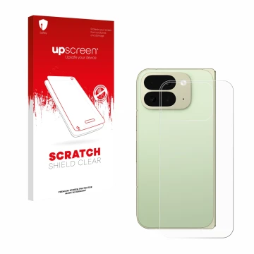 Vorderseite einer Produktverpackung mit dem Markenlogo upscreen. Daneben ist das Gerät Google Pixel 10 Pro Fold (Rückseite) mi