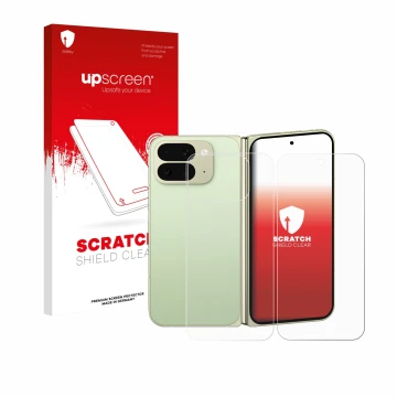 Vorderseite einer Produktverpackung mit dem Markenlogo upscreen. Daneben ist das Gerät Google Pixel 10 Pro Fold (Display+Rücks