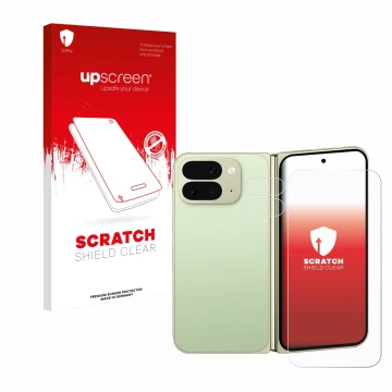 Vorderseite einer Produktverpackung mit dem Markenlogo upscreen. Daneben ist das Gerät Google Pixel 10 Pro Fold (Display+Kamer