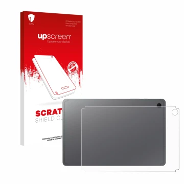 Vorderseite einer Produktverpackung mit dem Markenlogo upscreen. Daneben ist das Gerät Samsung Galaxy Tab S10 Lite (Rückseite)