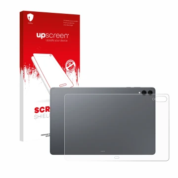 Vorderseite einer Produktverpackung mit dem Markenlogo upscreen. Daneben ist das Gerät Samsung Galaxy Tab S11 Ultra (Rückseite
