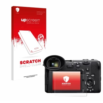 Vorderseite einer Produktverpackung mit dem Markenlogo upscreen. Daneben ist das Gerät Sony Cinema Line FX2 mit dem zugehörige