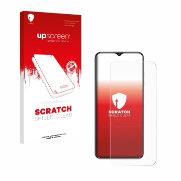 Vorderseite einer Produktverpackung mit dem Markenlogo upscreen. Daneben ist das Gerät Oukitel C1 mit dem zugehörigen Displays