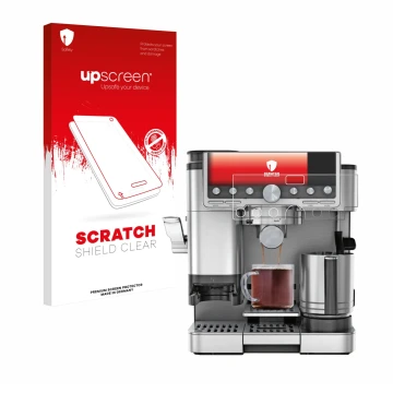 Vorderseite einer Produktverpackung mit dem Markenlogo upscreen. Daneben ist das Gerät Ninja Luxe Cafe Pro ES701EU mit dem zug