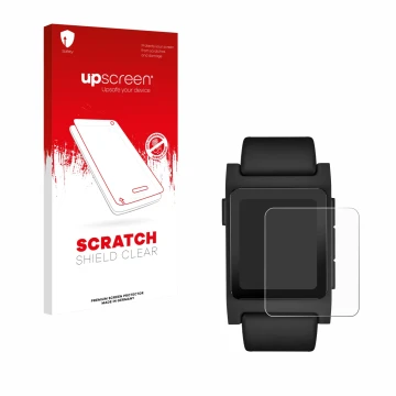Vorderseite einer Produktverpackung mit dem Markenlogo upscreen. Daneben ist das Gerät Pebble 2 Duo 2025 mit dem zugehörigen D