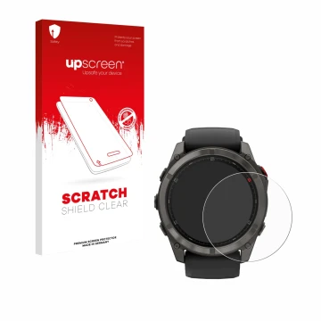 Vorderseite einer Produktverpackung mit dem Markenlogo upscreen. Daneben ist das Gerät Garmin Fenix 8 Pro MicroLED (51 mm) mit