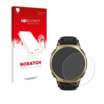 Vorderseite einer Produktverpackung mit dem Markenlogo upscreen. Daneben ist das Gerät Huami Amazfit T-Rex 3 Pro (44 mm) mit d