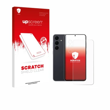 Vorderseite einer Produktverpackung mit dem Markenlogo upscreen. Daneben ist das Gerät Samsung Galaxy S25 FE Enterprise Editio