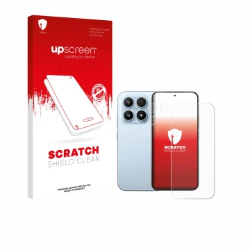 Vorderseite einer Produktverpackung mit dem Markenlogo upscreen. Daneben ist das Gerät Xiaomi 17 (Display+Kamera) mit dem zuge