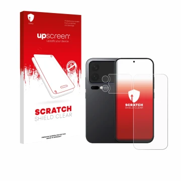 Vorderseite einer Produktverpackung mit dem Markenlogo upscreen. Daneben ist das Gerät Xiaomi 17 Pro (Display+Kamera) mit dem 