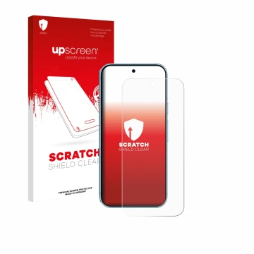 Vorderseite einer Produktverpackung mit dem Markenlogo upscreen. Daneben ist das Gerät Google Pixel 9 (case-friendly) mit dem 