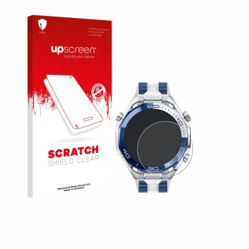 Vorderseite einer Produktverpackung mit dem Markenlogo upscreen. Daneben ist das Gerät Huawei Watch Ultimate 2 Blue mit dem zu