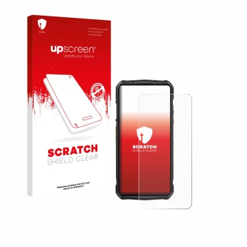 Vorderseite einer Produktverpackung mit dem Markenlogo upscreen. Daneben ist das Gerät Ulefone 29 pro mit dem zugehörigen Disp